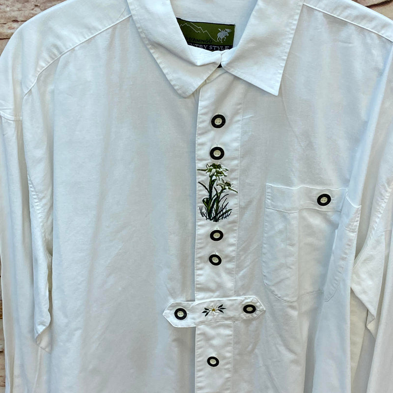 „Weißes Trachtenhemd mit floraler Stickerei und Knopfleiste Detail“