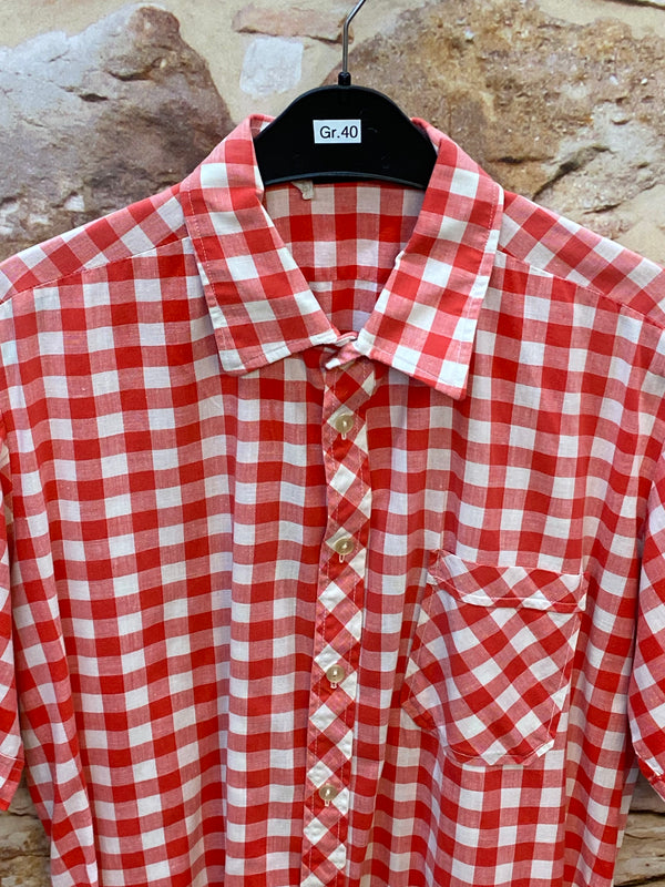 Vintage Trachtenhemd Herren Gr. 40 rot-weiß kariert – Country Style Kurzarmhemd, Ansicht 3
