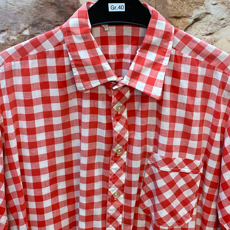 Vintage Trachtenhemd Herren Gr. 40 rot-weiß kariert – Country Style Kurzarmhemd, Ansicht 3