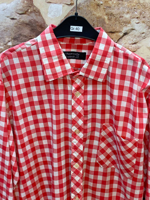 Vintage Trachtenhemd Herren Gr. 40 rot weiß kariert Baumwolle, Ansicht 3