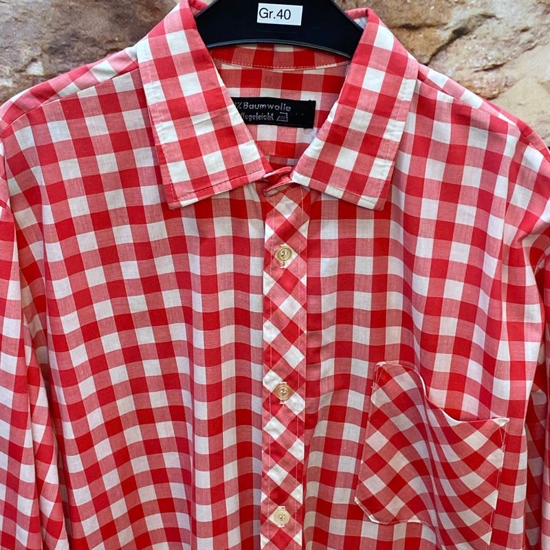 Vintage Trachtenhemd Herren Gr. 40 rot weiß kariert Baumwolle, Ansicht 3