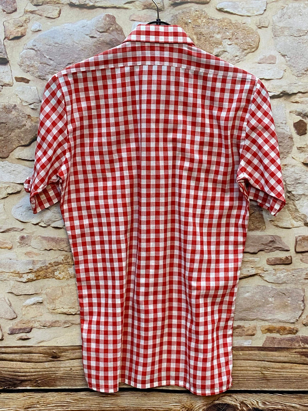„Rückansicht Vintage Trachtenhemd Herren rot weiß kariert kurzarm in Größe 37“