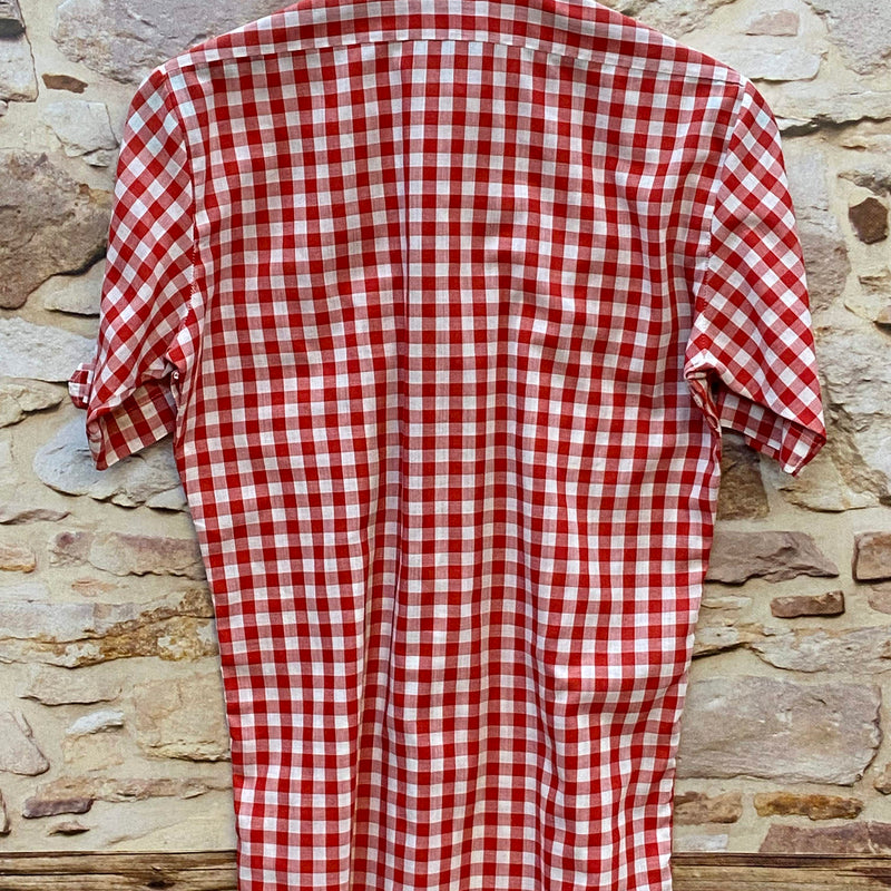 „Rückansicht Vintage Trachtenhemd Herren rot weiß kariert kurzarm in Größe 37“