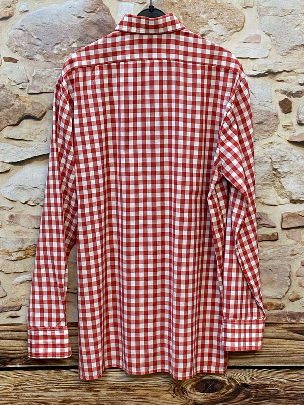„Rückansicht Vintage Herren Trachtenhemd rot weiß kariert langärmlig Größe 37“