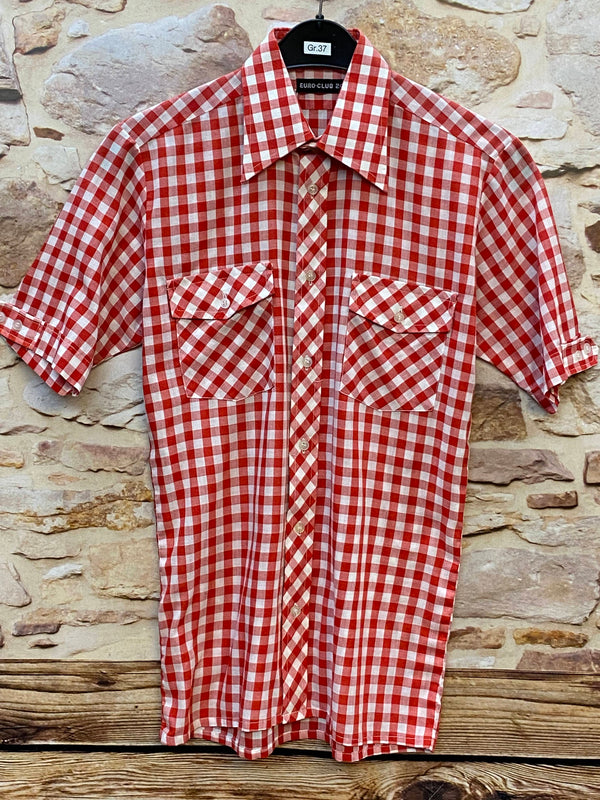 „Vintage Trachtenhemd Herren rot weiß kariert kurzarm Größe 37 mit zwei Brusttaschen“