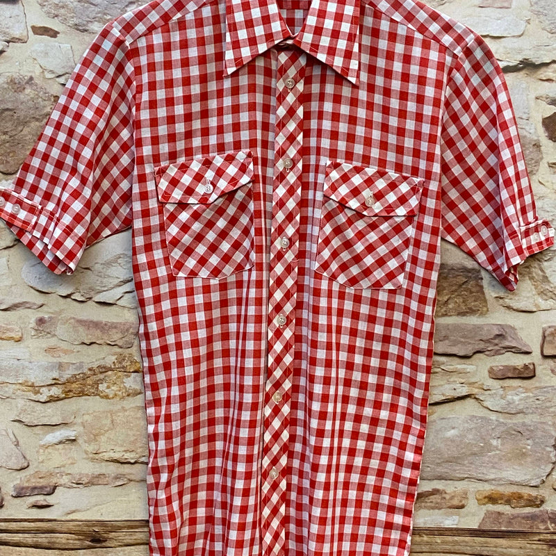 „Vintage Trachtenhemd Herren rot weiß kariert kurzarm Größe 37 mit zwei Brusttaschen“
