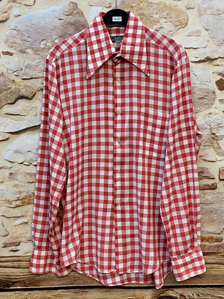 „Vintage Trachtenhemd Herren rot weiß großkariert in Größe 37 mit Langarm und Brusttasche“
