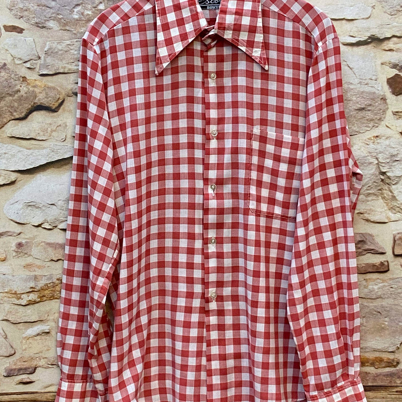 „Vintage Trachtenhemd Herren rot weiß großkariert in Größe 37 mit Langarm und Brusttasche“