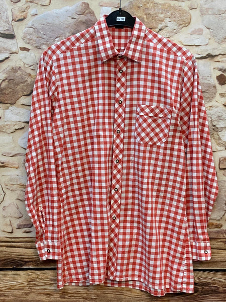 „Vintage Herren Trachtenhemd rot weiß kariert in Größe 39 aus Baumwolle mit langen Ärmeln Vorderansicht“