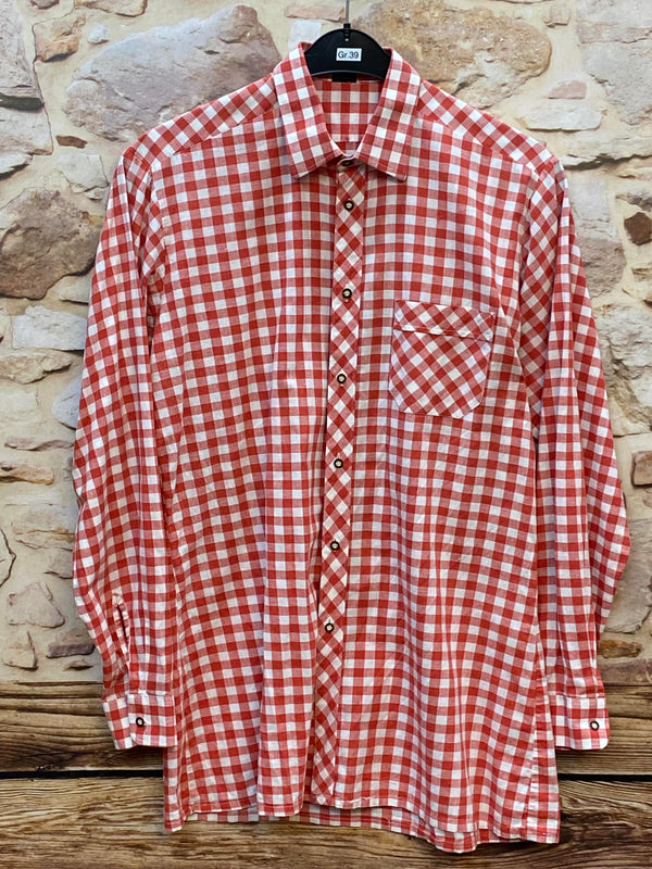 „Vintage Herren Trachtenhemd rot weiß kariert in Größe 39 aus Baumwolle mit langen Ärmeln Vorderansicht“