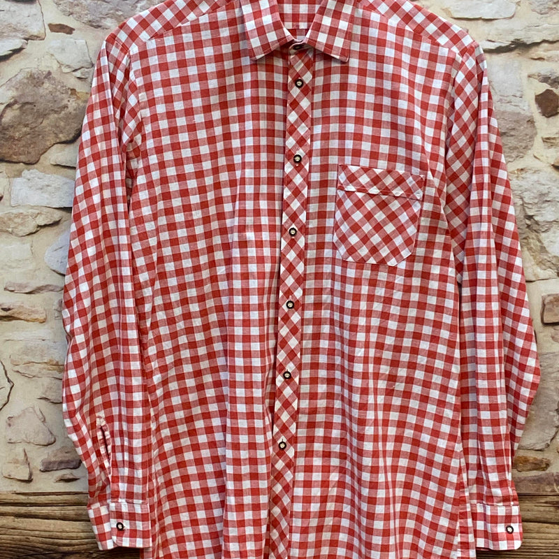„Vintage Herren Trachtenhemd rot weiß kariert in Größe 39 aus Baumwolle mit langen Ärmeln Vorderansicht“