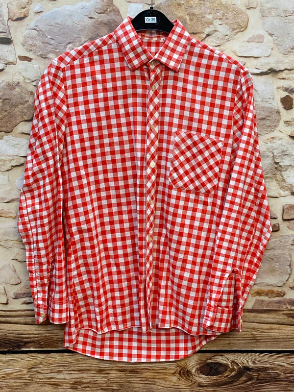 „Vintage Trachtenhemd Herren rot weiß kariert Größe 39 mit Langarm und Brusttasche Vorderansicht“
