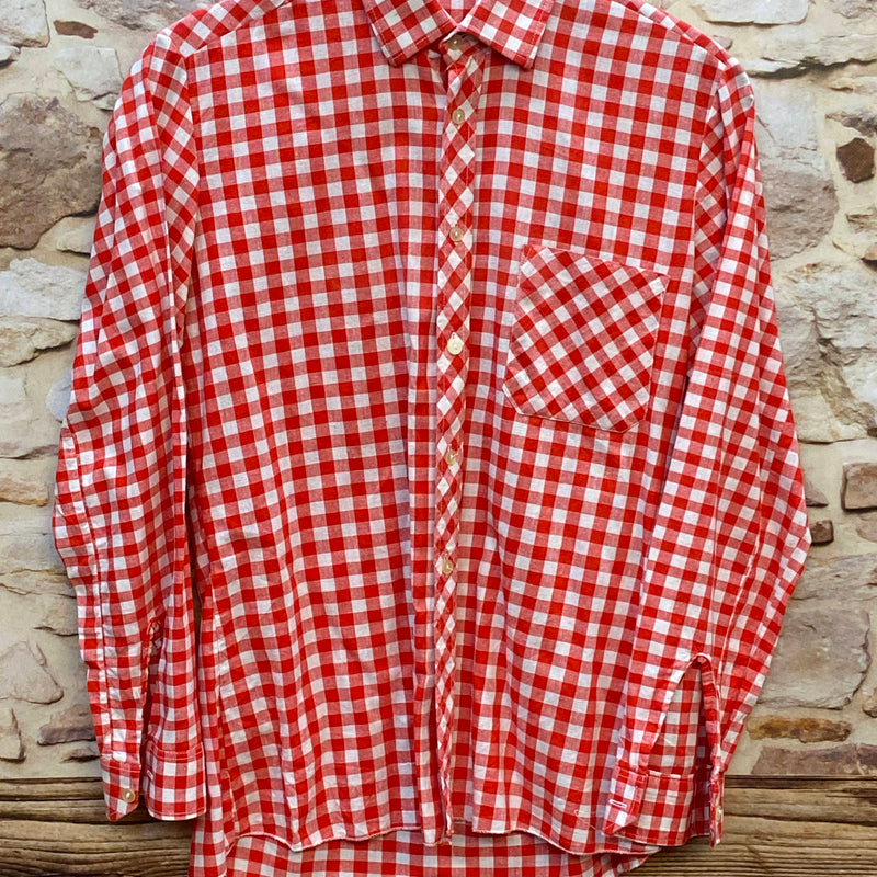 „Vintage Trachtenhemd Herren rot weiß kariert Größe 39 mit Langarm und Brusttasche Vorderansicht“