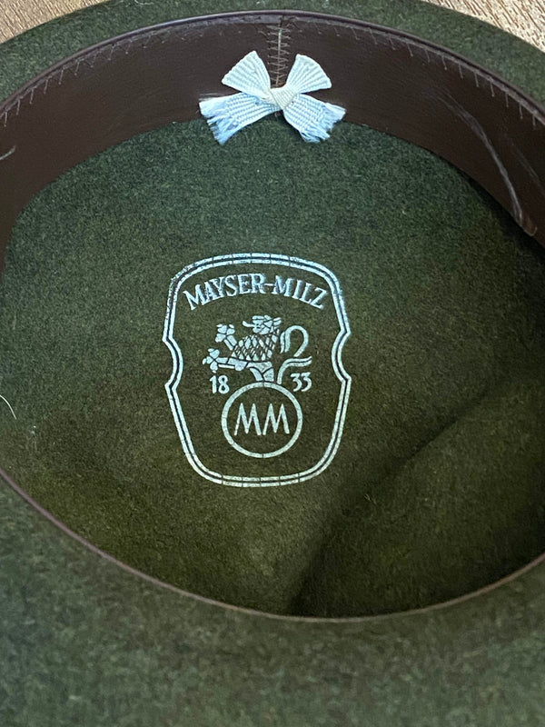 „Innenansicht Vintage Trachtenhut mit Mayser Milz Logo und Leder-Schweißband Größe 55“