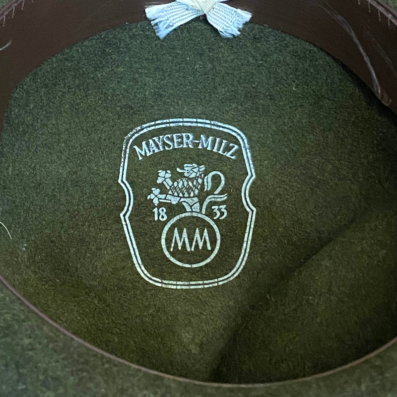 „Innenansicht Vintage Trachtenhut mit Mayser Milz Logo und Leder-Schweißband Größe 55“