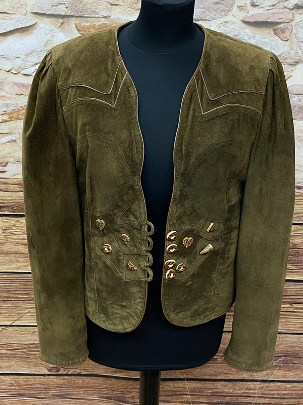 „Vintage Trachtenjacke Damen Leder braun Vorderansicht mit Trachtenknöpfen“