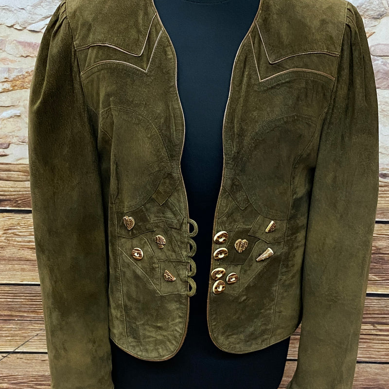 „Vintage Trachtenjacke Damen Leder braun Vorderansicht mit Trachtenknöpfen“