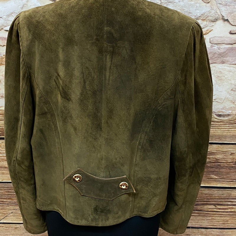 „Trachtenjacke Damen Rückenansicht Leder braun mit Gebrauchsspuren“