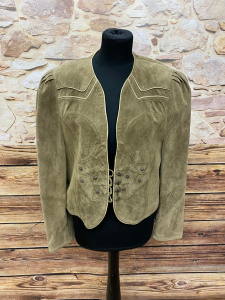 „Vintage Trachten Lederjacke Damen beige braun Vorderansicht mit Ziernähten“