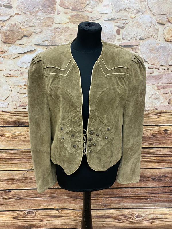 „Vintage Trachten Lederjacke Damen beige braun Vorderansicht mit Ziernähten“