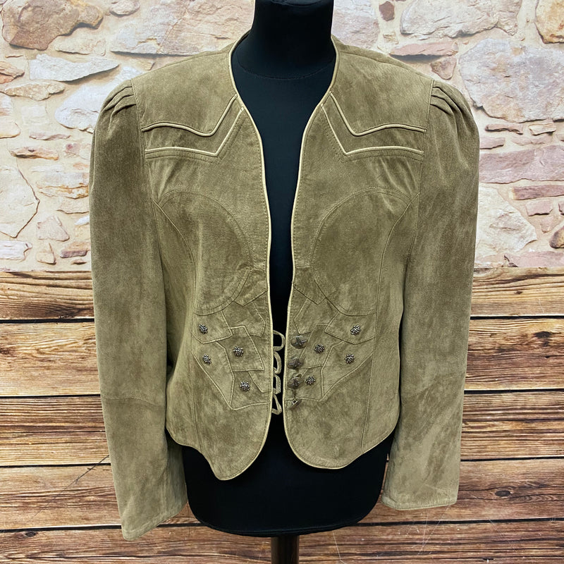 „Vintage Trachten Lederjacke Damen beige braun Vorderansicht mit Ziernähten“