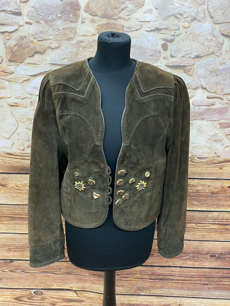 „Vintage Trachten Lederjacke Damen braun grün Vorderansicht mit Trachtenknöpfen“