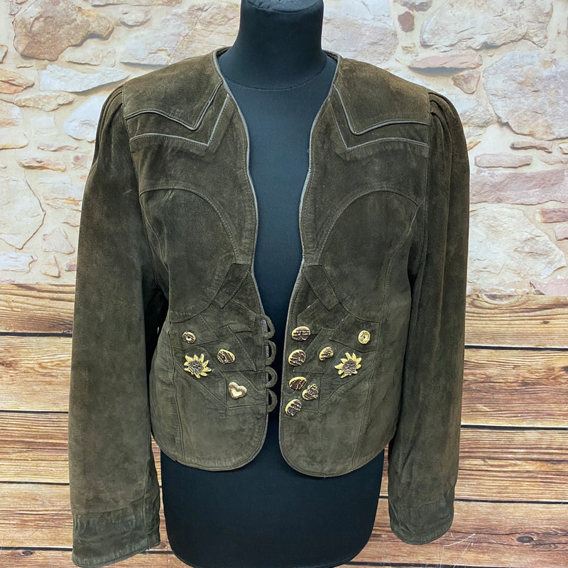 „Vintage Trachten Lederjacke Damen braun grün Vorderansicht mit Trachtenknöpfen“
