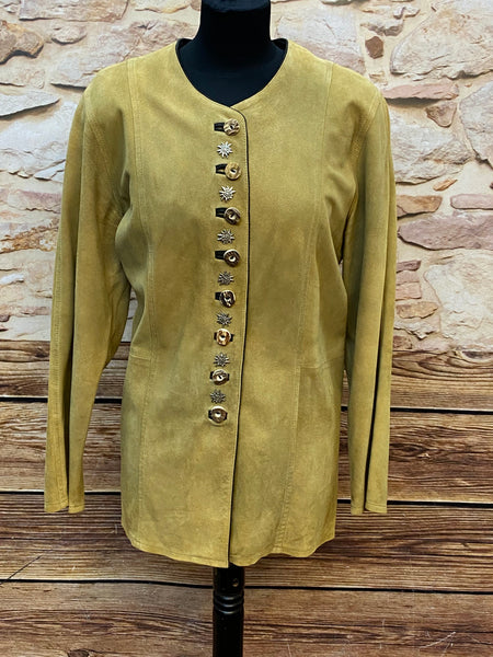„Vintage Trachtenjacke Damen Leder gelb Vice Country Vorderansicht mit Trachtenknöpfen“