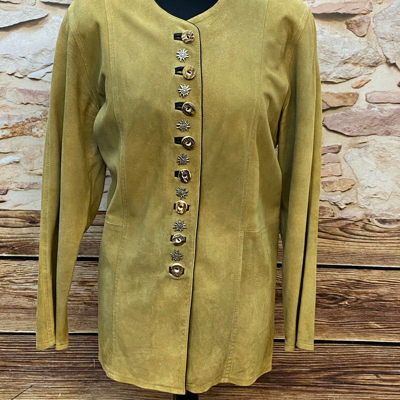 „Vintage Trachtenjacke Damen Leder gelb Vice Country Vorderansicht mit Trachtenknöpfen“