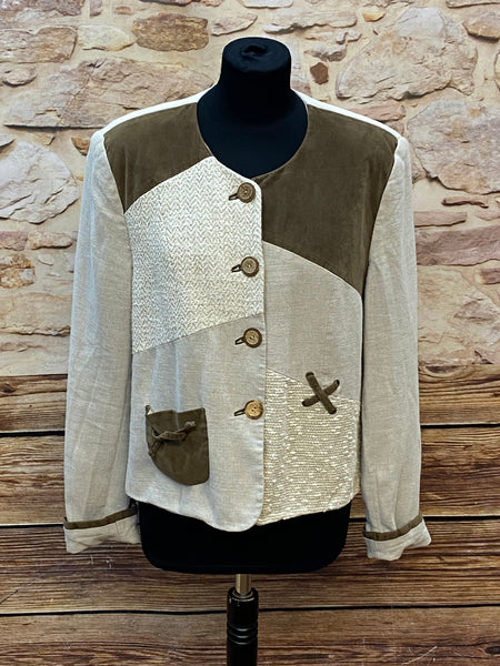 „Vintage Trachtenjacke Damen Meico beige braun Vorderansicht mit Lederdetails“