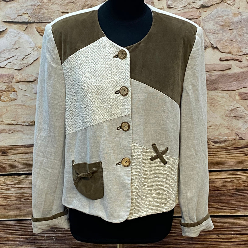 „Vintage Trachtenjacke Damen Meico beige braun Vorderansicht mit Lederdetails“