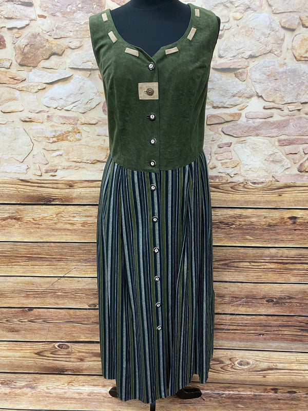 Vintage Trachtenkleid Damen Gr. 44 von Folk Linie in Dunkelgrün mit gestreiftem langem Rock und Trachtenknöpfen