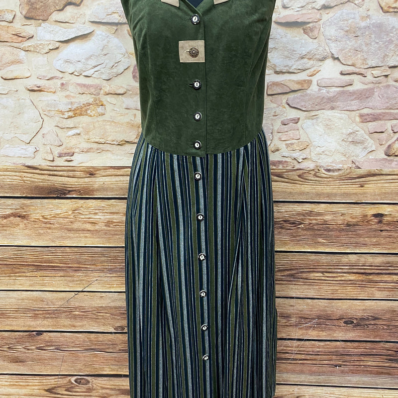 Vintage Trachtenkleid Damen Gr. 44 von Folk Linie in Dunkelgrün mit gestreiftem langem Rock und Trachtenknöpfen