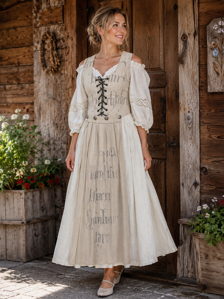 KI-generiertes Model trägt langes Vintage Trachtenkleid aus Leinen in Beige von Stockerpoint Gr. 38 mit Schnürung und Carmenärmeln in rustikaler Landhaus-Umgebung