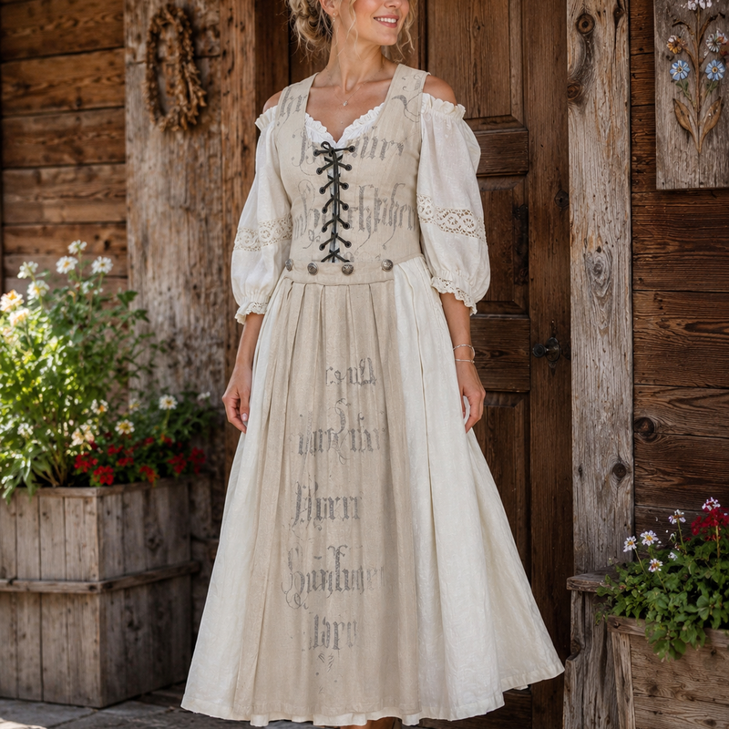 KI-generiertes Model trägt langes Vintage Trachtenkleid aus Leinen in Beige von Stockerpoint Gr. 38 mit Schnürung und Carmenärmeln in rustikaler Landhaus-Umgebung