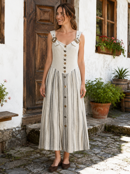 KI-generiertes Bild: Vintage Trachtenkleid Damen Gr. 38 aus Leinen in Natur und Beige mit gestreiftem langem Rock, Knopfleiste und breiten Trägern