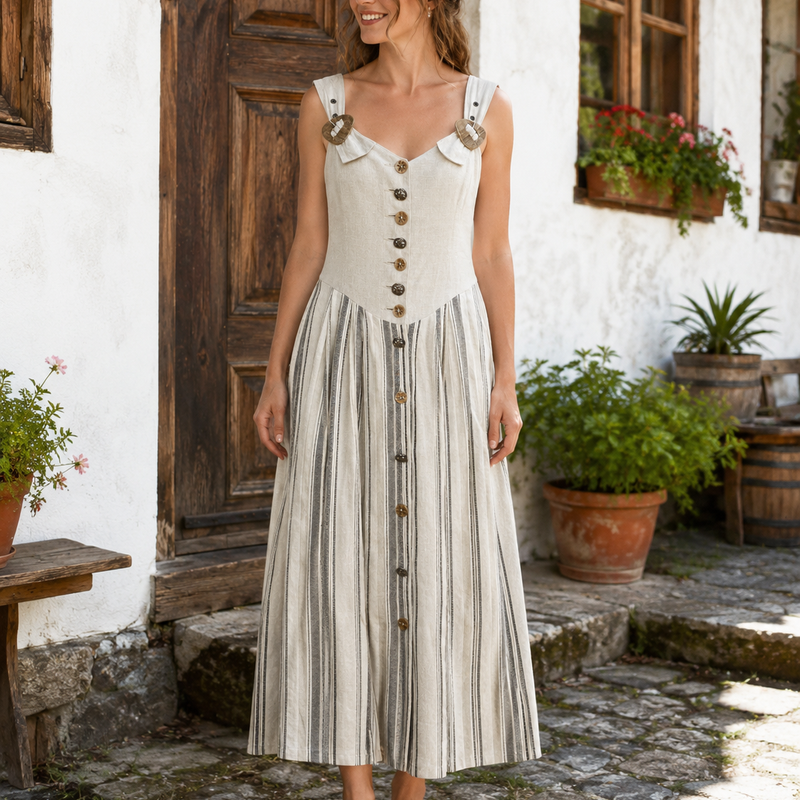 KI-generiertes Bild: Vintage Trachtenkleid Damen Gr. 38 aus Leinen in Natur und Beige mit gestreiftem langem Rock, Knopfleiste und breiten Trägern