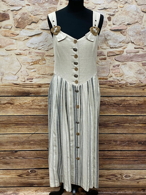 Langes Vintage Trachtenkleid aus Leinen in Natur und Beige Gr. 38 mit gestreiftem Rock, Trachtenknöpfen und dekorativen Schnallen