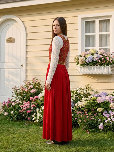 „70er Jahre Dirndl lang rot mit gemustertem Mieder und Spitzenbluse Damen“