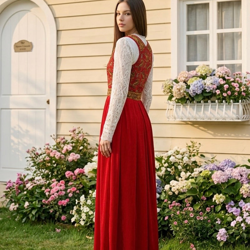 „70er Jahre Dirndl lang rot mit gemustertem Mieder und Spitzenbluse Damen“