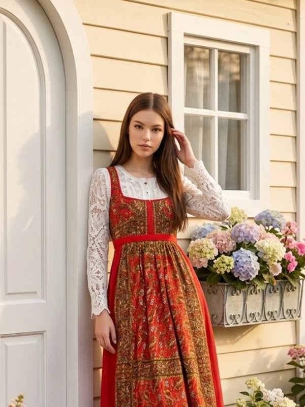 „Vintage Trachtenkleid rot Wendelstein Dirndl lang Größe 36 mit Bluse und Schürze“