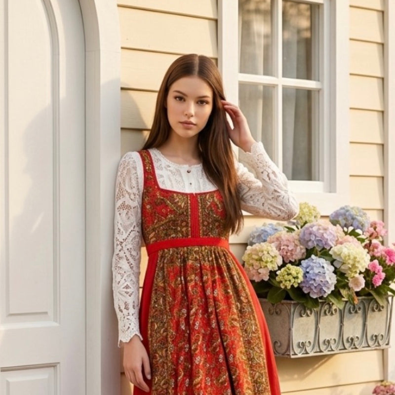 „Vintage Trachtenkleid rot Wendelstein Dirndl lang Größe 36 mit Bluse und Schürze“