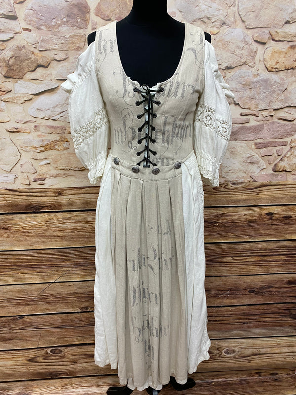 Vintage Trachtenkleid Stockerpoint aus Leinen in Natur Beige Gr. 38 mit Schnürung und langem Rock