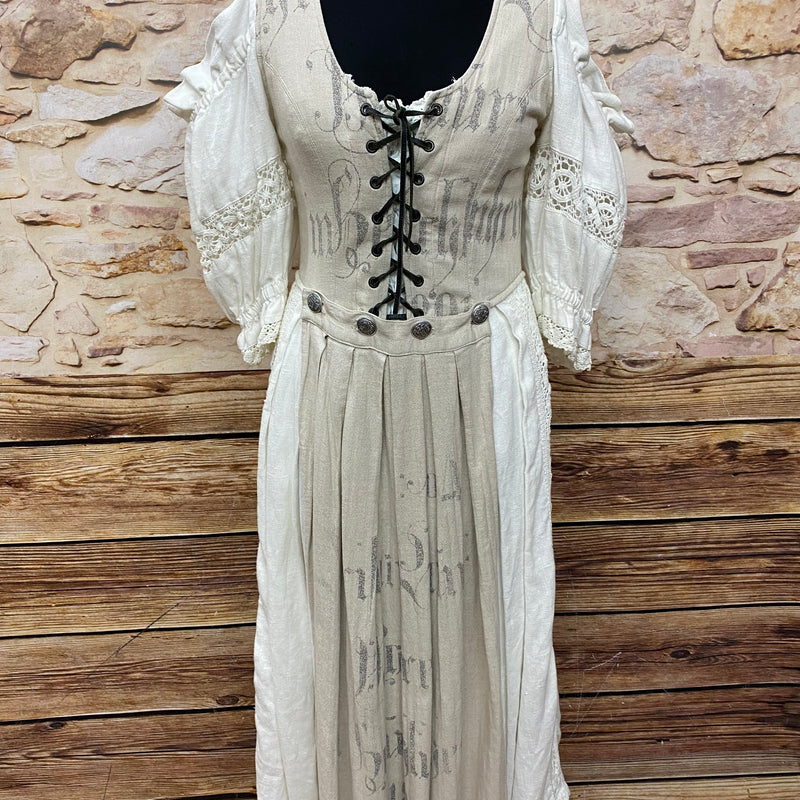 Vintage Trachtenkleid Stockerpoint aus Leinen in Natur Beige Gr. 38 mit Schnürung und langem Rock