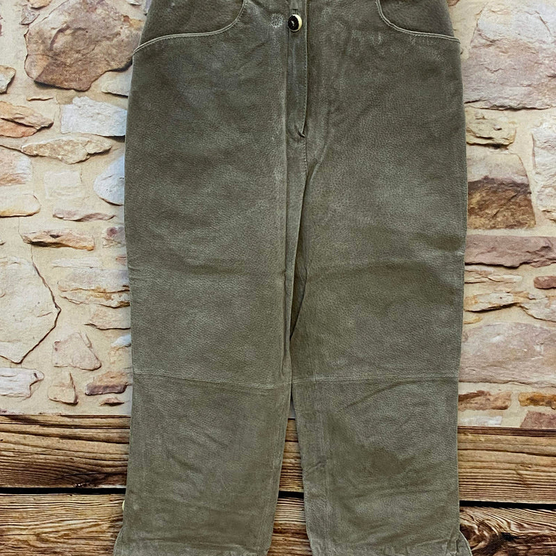 Vintage Damen Trachtenlederhose Größe 36 in Grau-Oliv mit weißer Spitze