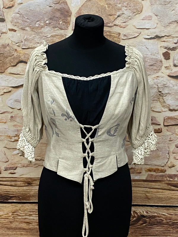 „Vintage Trachtenmieder Damen beige schwarz mit Schnürung und Spitzenärmeln“