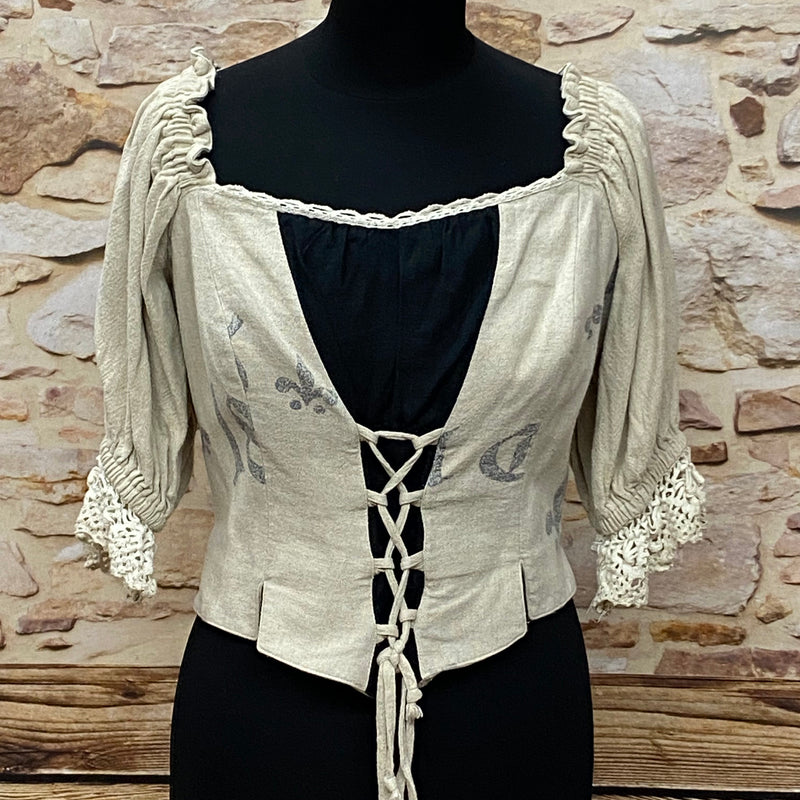 „Vintage Trachtenmieder Damen beige schwarz mit Schnürung und Spitzenärmeln“
