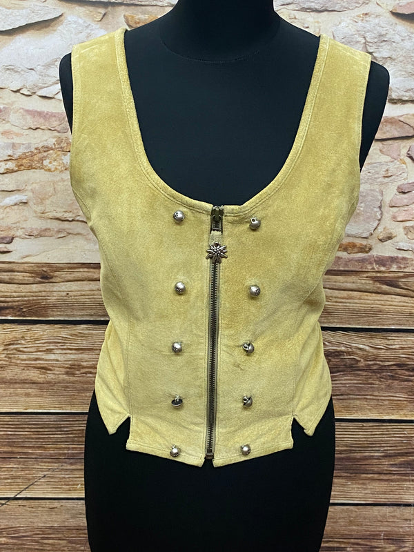 Vintage Damen Trachtenmieder aus Echtleder in senffarbenem Beige mit Reißverschluss und Trachtenknöpfen.