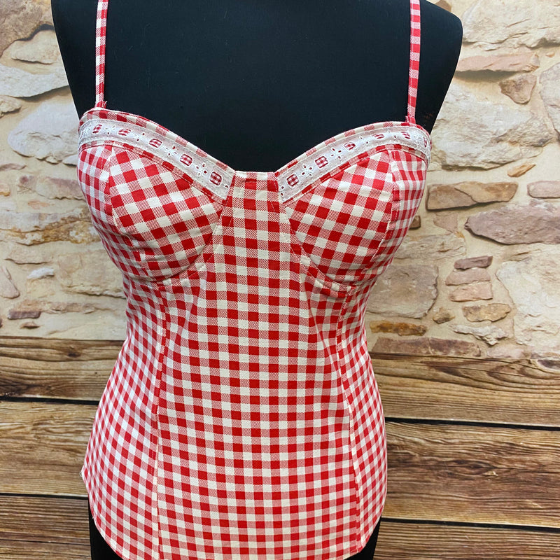 „Vintage Trachtenmieder rot weiß kariert Gr. 34 im Landhausstil“