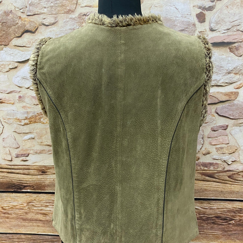 „Rückseite Leder Trachtenweste Damen olivbraun Vintage taillierter Schnitt“